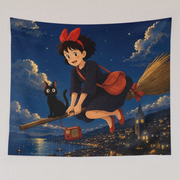 Item preview, Kiki’s Delivery Service Inspired Witchy Anime | Black Cat & Broomstick Night Flight designed and sold by AbstractAuraArt.