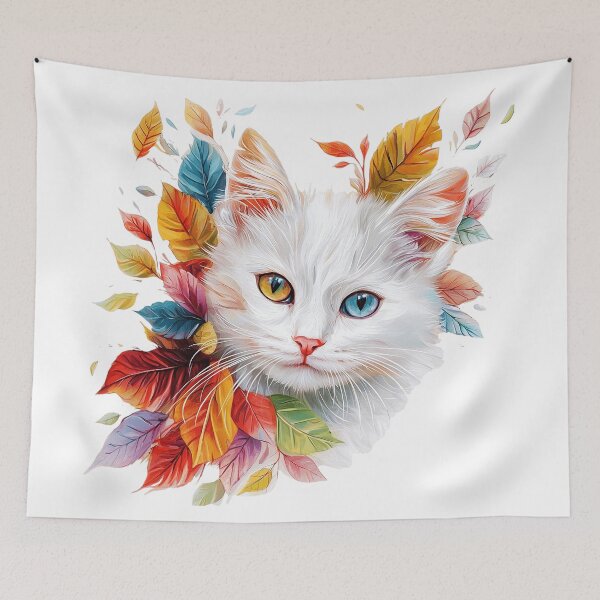 Item preview, White Cat with Colorful Autumn Leaves – Whimsical Fall Cat Art designed and sold by Awarrie.