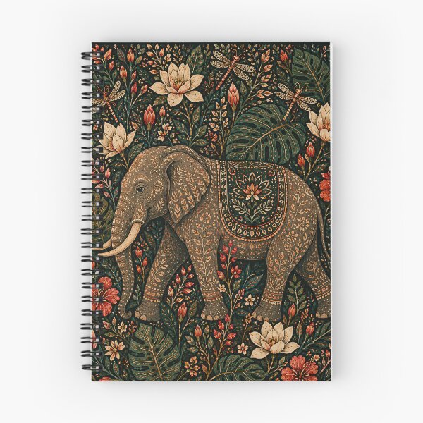 Item preview, Ornate Indian Elephant Among White Lotus Hibiscus and Dragonflies Folk Art Jungle designed and sold by Jozefin's Studio.