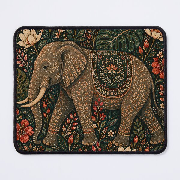 Item preview, Ornate Indian Elephant Among White Lotus Hibiscus and Dragonflies Folk Art Jungle designed and sold by Jozefin's Studio.