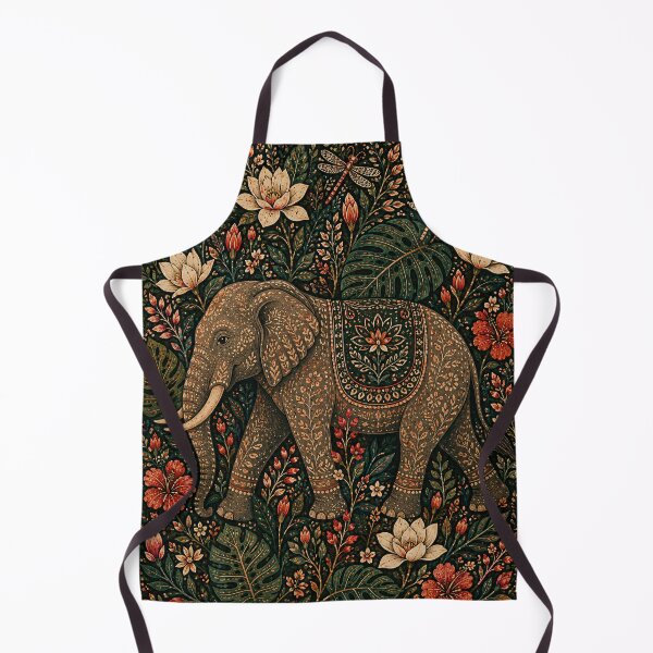 Item preview, Ornate Indian Elephant Among White Lotus Hibiscus and Dragonflies Folk Art Jungle designed and sold by Jozefin's Studio.