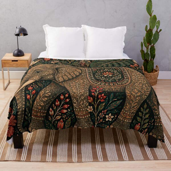 Item preview, Ornate Indian Elephant Among White Lotus Hibiscus and Dragonflies Folk Art Jungle designed and sold by Jozefin's Studio.