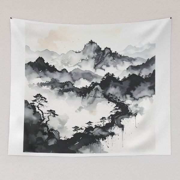 Item preview, Misty Japanese Mountains Ink Wash Landscape designed and sold by BetweenForms.