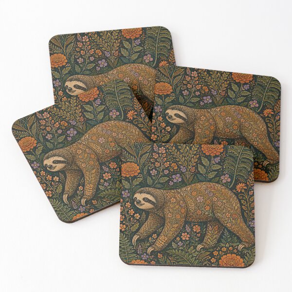 Item preview, Sloth Walking Among Orange Dahlias and Ferns William Morris Style Folk Tapestry designed and sold by Jozefin's Studio.