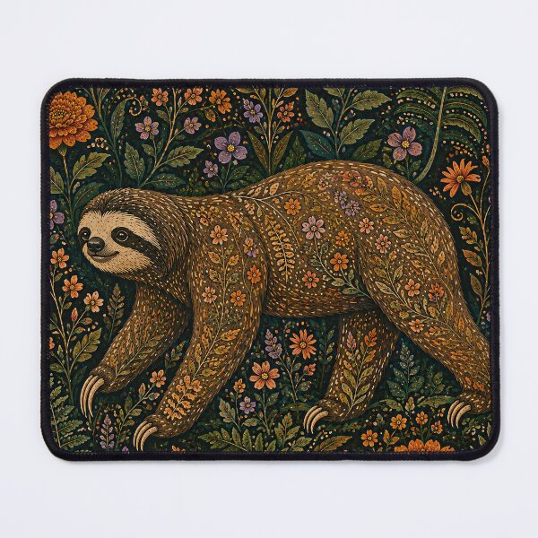 Item preview, Sloth Walking Among Orange Dahlias and Ferns William Morris Style Folk Tapestry designed and sold by Jozefin's Studio.