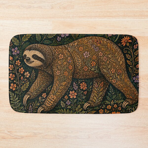 Item preview, Sloth Walking Among Orange Dahlias and Ferns William Morris Style Folk Tapestry designed and sold by Jozefin's Studio.