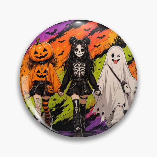 Item preview, Trick or Treat Squad Pumpkin Skeleton Ghost Girls Halloween Group Illustration designed and sold by Aries Creation Store.
