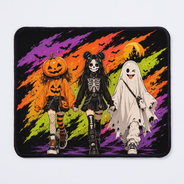 Item preview, Trick or Treat Squad Pumpkin Skeleton Ghost Girls Halloween Group Illustration designed and sold by Aries Creation Store.