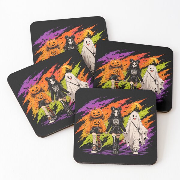 Item preview, Trick or Treat Squad Pumpkin Skeleton Ghost Girls Halloween Group Illustration designed and sold by Aries Creation Store.