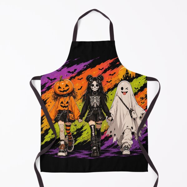 Item preview, Trick or Treat Squad Pumpkin Skeleton Ghost Girls Halloween Group Illustration designed and sold by Aries Creation Store.