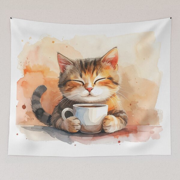 Item preview, Cozy Cat Holding Warm Coffee Mug Watercolor designed and sold by BetweenForms.