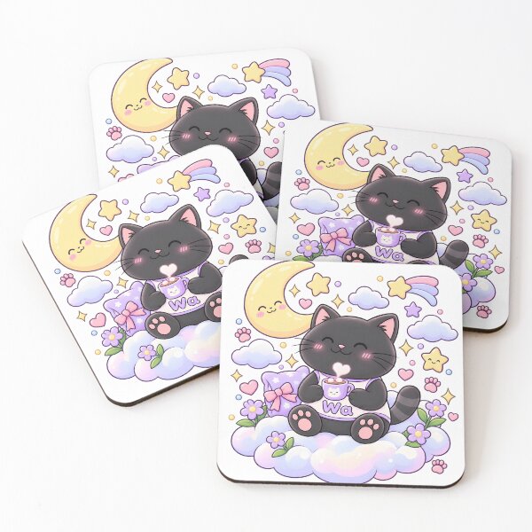 Item preview, Kawaii Black Cat Drinking Hot Cocoa Under the Moon Cute Cartoon Animal Design designed and sold by Wawa5656.