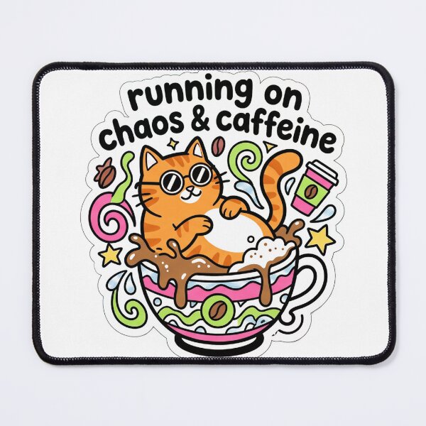 Item preview, Running on Chaos & Caffeine Cat Sticker | Funny Orange Tabby Coffee Sticker | Cute Cat Lover Gift | Laptop Water Bottle Decal designed and sold by Pawfect Prints.