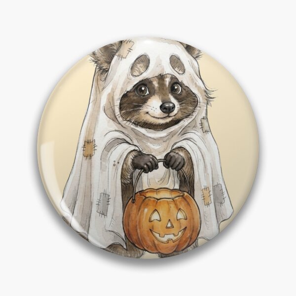 Item preview, Cute Ghost Raccoon with Pumpkin Bucket Halloween Watercolor designed and sold by BreezifyDesignStudio.