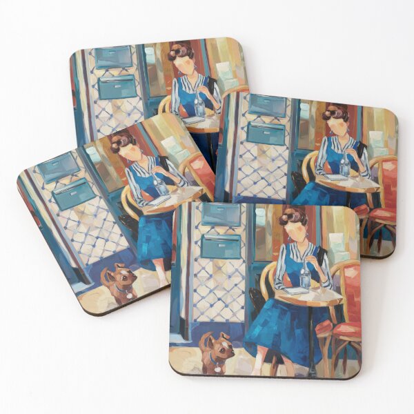 Item preview, Parisian Cafe Art Print Blue Dress Red Shoes and Dog designed and sold by CARRAANN.