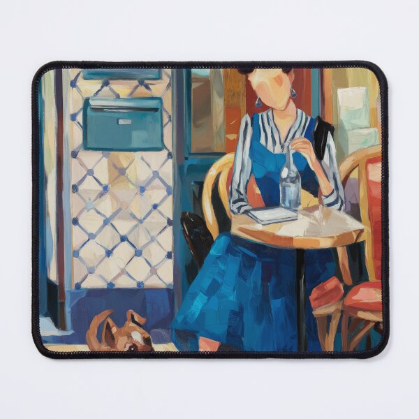 Item preview, Parisian Cafe Art Print Blue Dress Red Shoes and Dog designed and sold by CARRAANN.