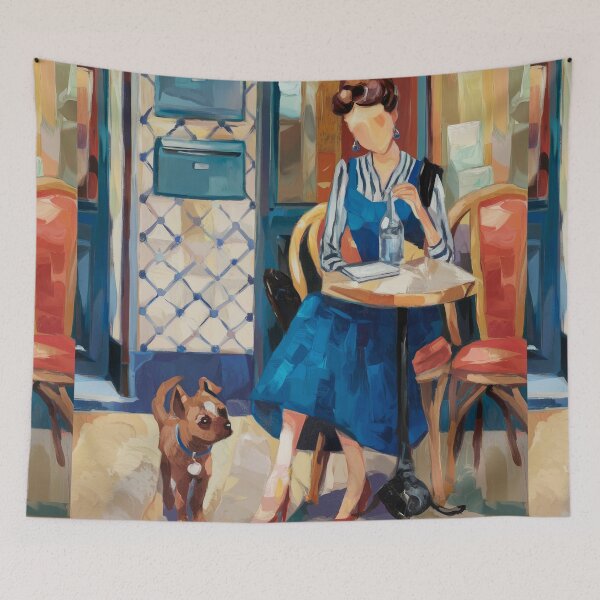 Item preview, Parisian Cafe Art Print Blue Dress Red Shoes and Dog designed and sold by CARRAANN.