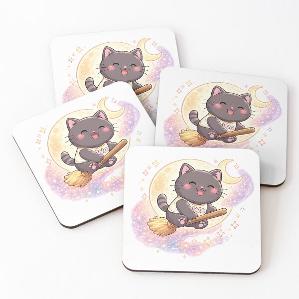 Item preview, Kawaii Black Cat Flying on a Magic Broomstick Cute Cartoon Animal Design designed and sold by Wawa5656.