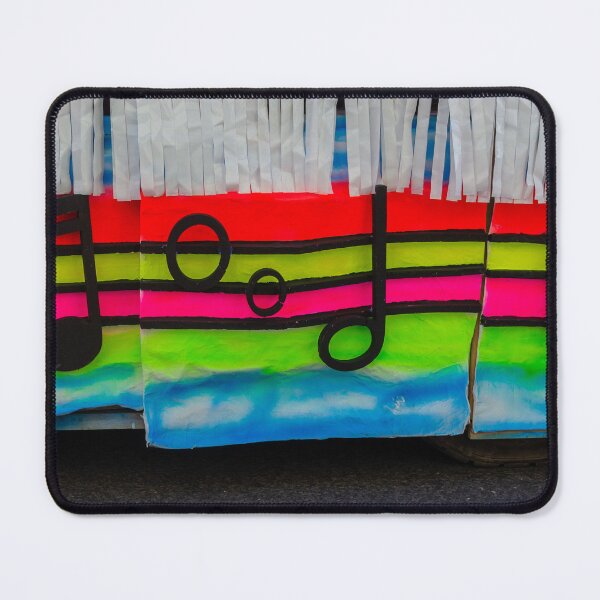 Item preview, Colorful Music Notes Mural On Rainbow-Striped Parade Float With White Fringe Decoration designed and sold by Nmallia.