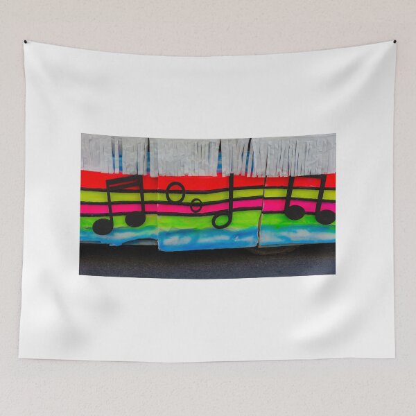 Item preview, Colorful Music Notes Mural On Rainbow-Striped Parade Float With White Fringe Decoration designed and sold by Nmallia.