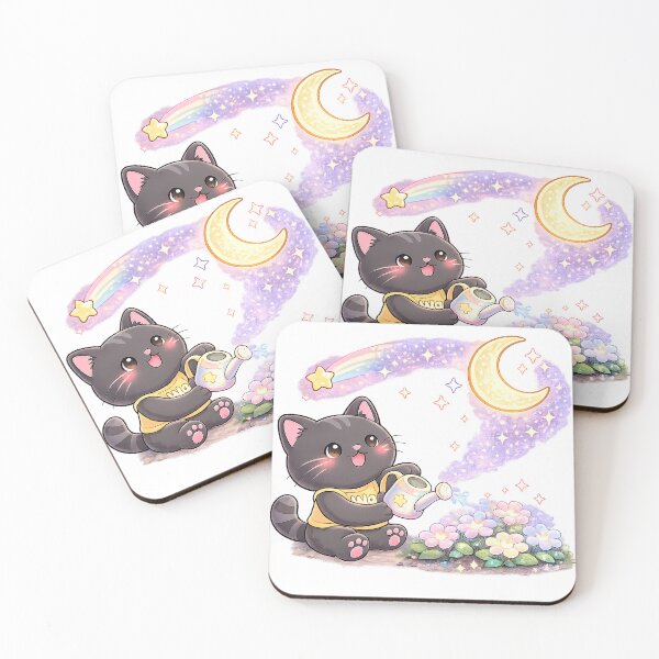 Item preview, Kawaii Black Cat Watering Moonlight Flowers Cute Cartoon Animal Design designed and sold by Wawa5656.