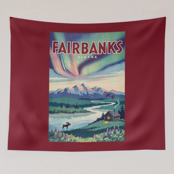 Item preview, Fairbanks Alaska Northern Lights Illustration Travel Art Vintage designed and sold by KrisSidDesigns.