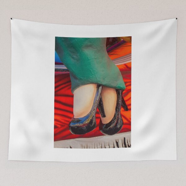 Item preview, Close-Up of Carnival Float Legs in Green Dress and Black High Heels Over Red Background designed and sold by Nmallia.