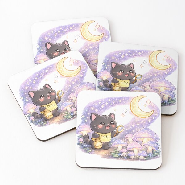 Item preview, Kawaii Black Cat in a Magical Mushroom Forest Cute Cartoon Animal Design designed and sold by Wawa5656.
