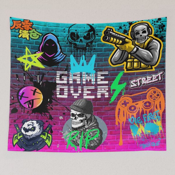Item preview, Neon Streetwear Gamer Stickerbomb Brick Wall Aesthetic designed and sold by Side By Side Studio.