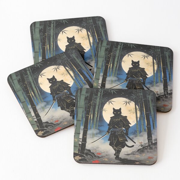 Item preview, Samurai Cat Ronin in Moonlit Bamboo Forest Japanese Ukiyoe designed and sold by GrinGalore.