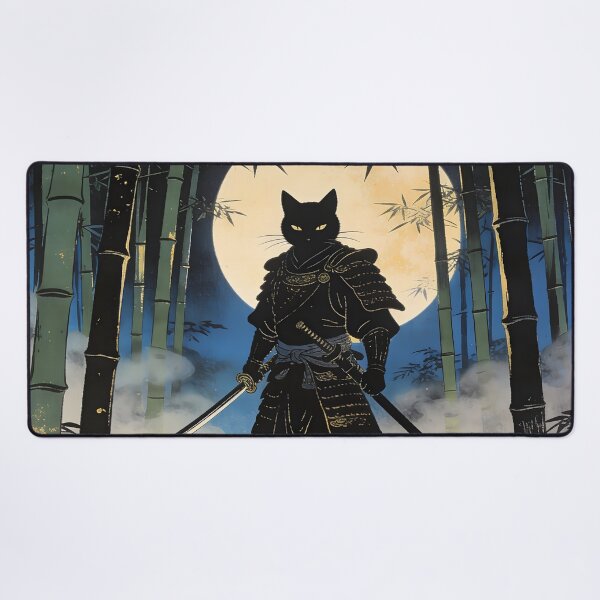 Item preview, Samurai Cat Ronin in Moonlit Bamboo Forest Japanese Ukiyoe designed and sold by GrinGalore.