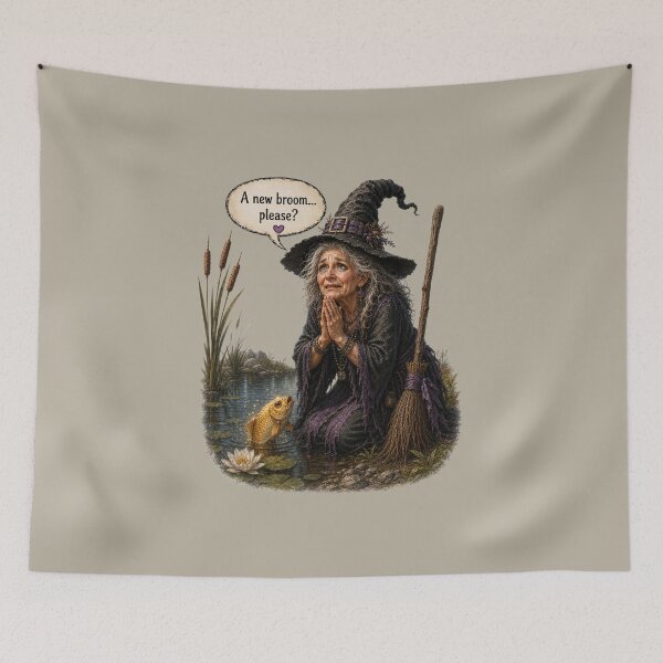 Item preview, A New Broom Please Funny Witch and Goldfish Vintage Fantasy Design designed and sold by Alpine-Ink.