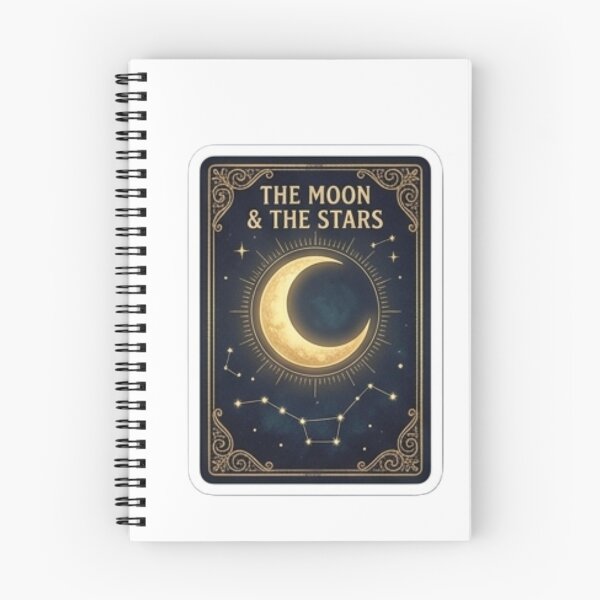 Item preview, "The Moon & The Stars" – Vintage tarot card layout with a glowing golden crescent moon and subtle constellations. designed and sold by littleearty.