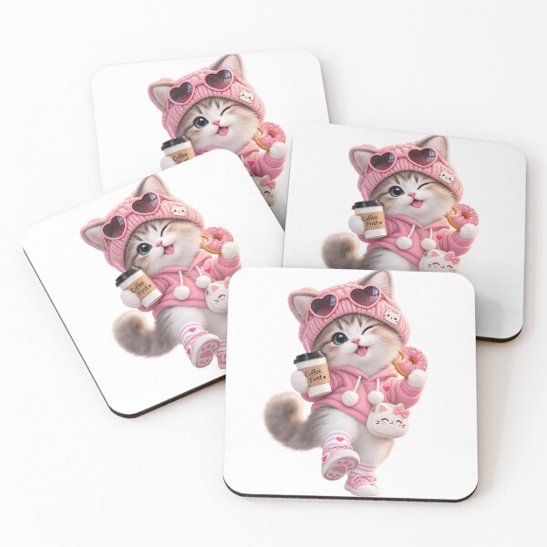 Item preview, Cute Coffee Cat with Pink Donut designed and sold by TinyWeird.