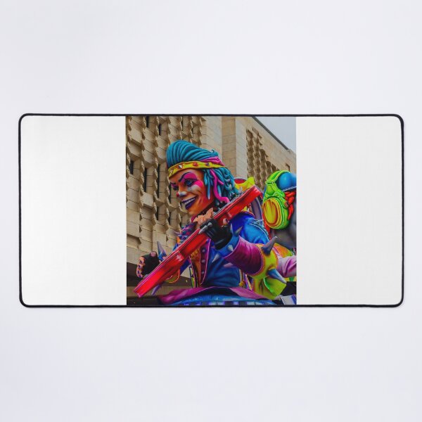 Item preview, Colorful Clown Parade Float Playing Guitar at Urban Carnival Festival in Front of Modern Building designed and sold by Nmallia.