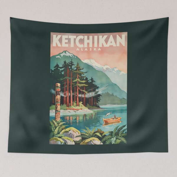 Item preview, Ketchikan Alaska River Illustration Travel Art Vintage designed and sold by KrisSidDesigns.