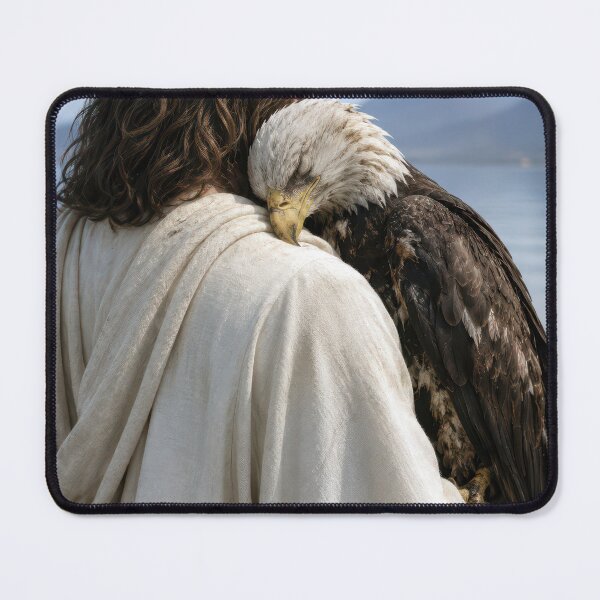 Item preview, Jesus Holding a Bald Eagle by a Mountain Lake designed and sold by Maria Dryfhout.