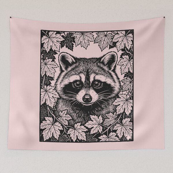 Item preview, Raccoon Vine Leaves Forest Animal Rustic Linocut  designed and sold by Y-Vibes.
