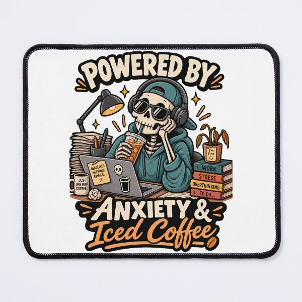 Item preview, Powered by Anxiety & Iced Coffee Skeleton – Funny Office Burnout Coffee Design designed and sold by LuxeBuzz.