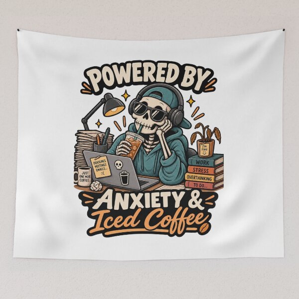 Item preview, Powered by Anxiety & Iced Coffee Skeleton – Funny Office Burnout Coffee Design designed and sold by LuxeBuzz.