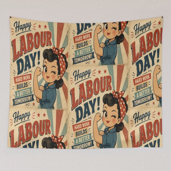 Item preview, Happy Labour Day Retro Worker  – Vintage Hard Work Builds a Better Tomorrow Illustration designed and sold by InspiredCreatives.