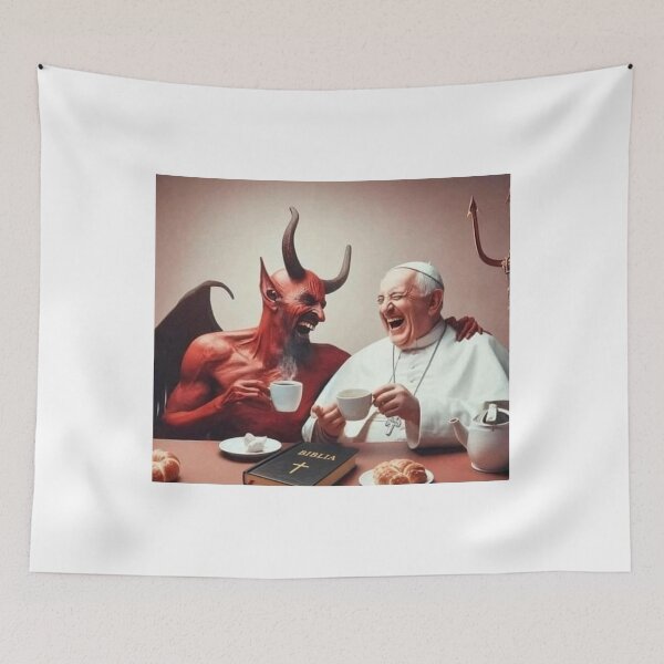 Item preview, Coffee with the Devil - Pope and Satan Laughing AI Art designed and sold by Nela-&-Lena.