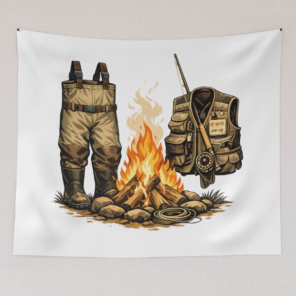 Item preview, Campfire with wading boots and fly vest designed and sold by Daily Quirk.