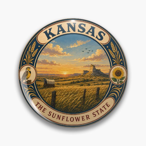Item preview, Kansas Landscape Illustration Travel Art Badge designed and sold by KrisSidDesigns.