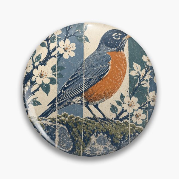 Item preview, American Robin on the Mossy Garden Wall Wild Bird Nature Illustration designed and sold by VisualArtsOasis.