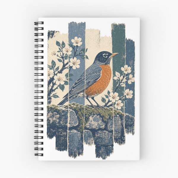 Item preview, American Robin on the Mossy Garden Wall Wild Bird Nature Illustration designed and sold by VisualArtsOasis.