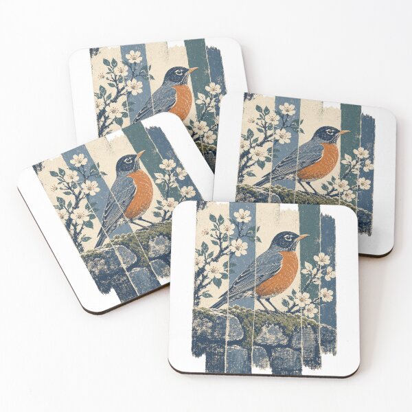 Item preview, American Robin on the Mossy Garden Wall Wild Bird Nature Illustration designed and sold by VisualArtsOasis.