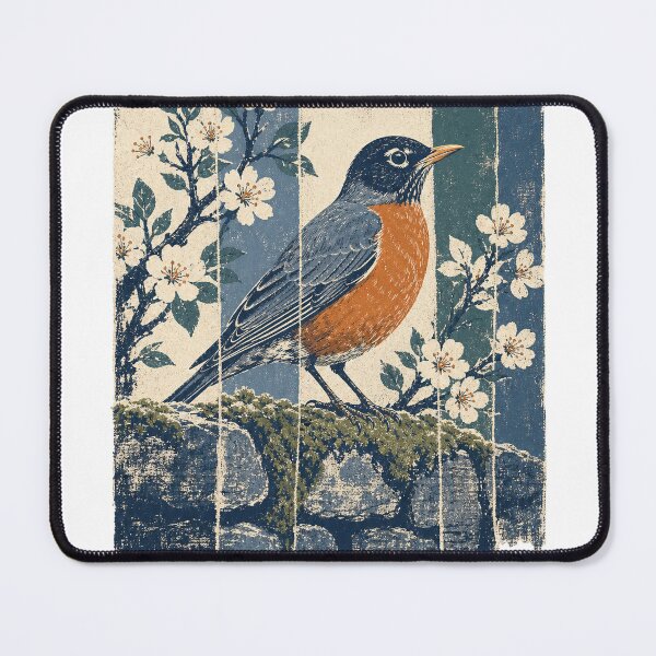 Item preview, American Robin on the Mossy Garden Wall Wild Bird Nature Illustration designed and sold by VisualArtsOasis.
