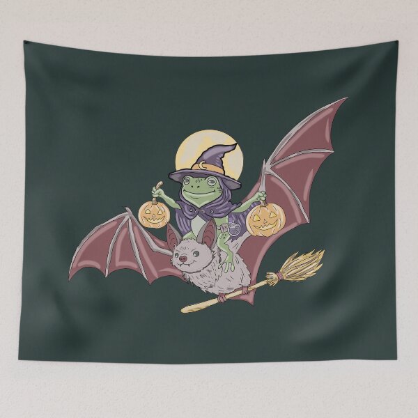 Item preview, Frog Witch Riding Bat Halloween Pumpkin Cottagecore designed and sold by LeshanArt.