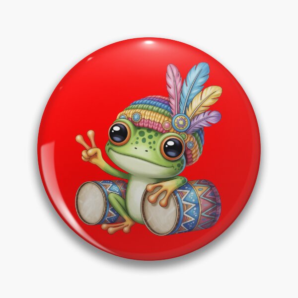 Item preview, a cute frog character wearing a colorful feathered headdress. designed and sold by 123ks.